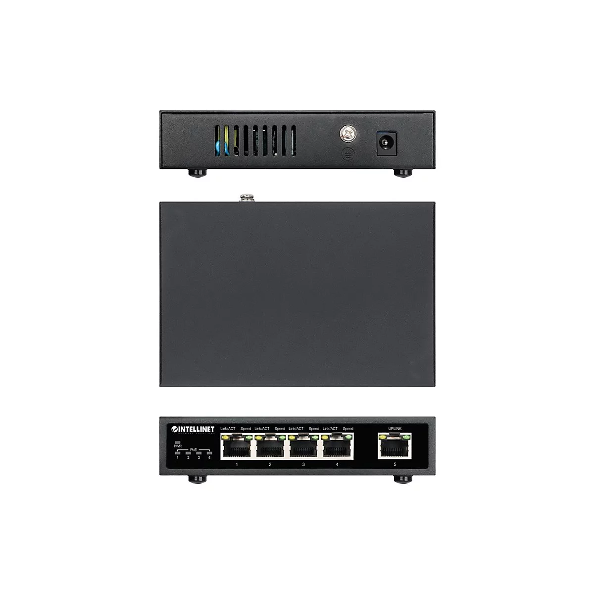 Schwarzer Intellinet PoE-Netzwerk-Switch, gezeigt von oben, vorne mit Anschlüssen und hinten mit Stromanschluss.