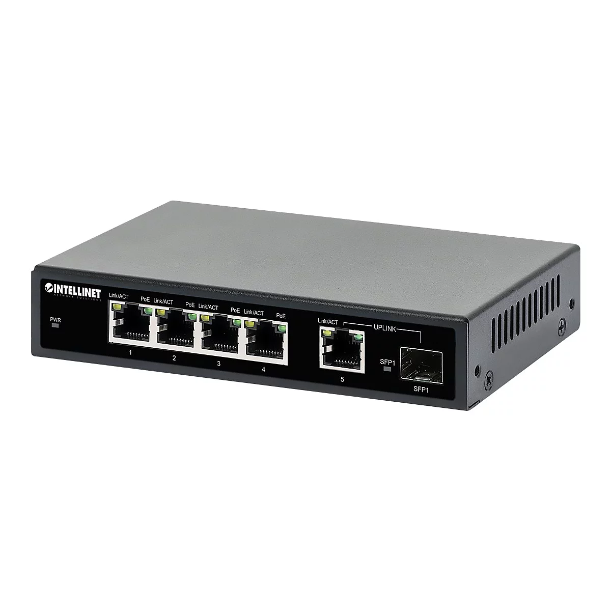 Schwarzer Intellinet Netzwerk-Switch mit fünf Ports und SFP-Anschluss vor weißem Hintergrund.