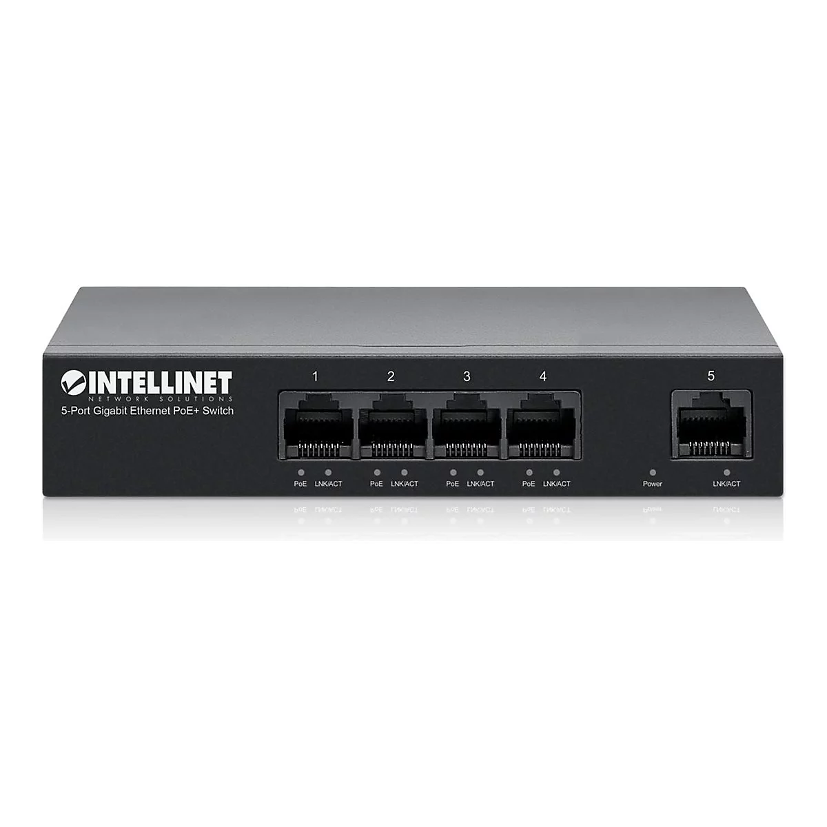 Schwarzer 5-Port Gigabit Ethernet PoE+ Switch von Intellinet mit LAN-Anschlüssen und Status-LEDs.