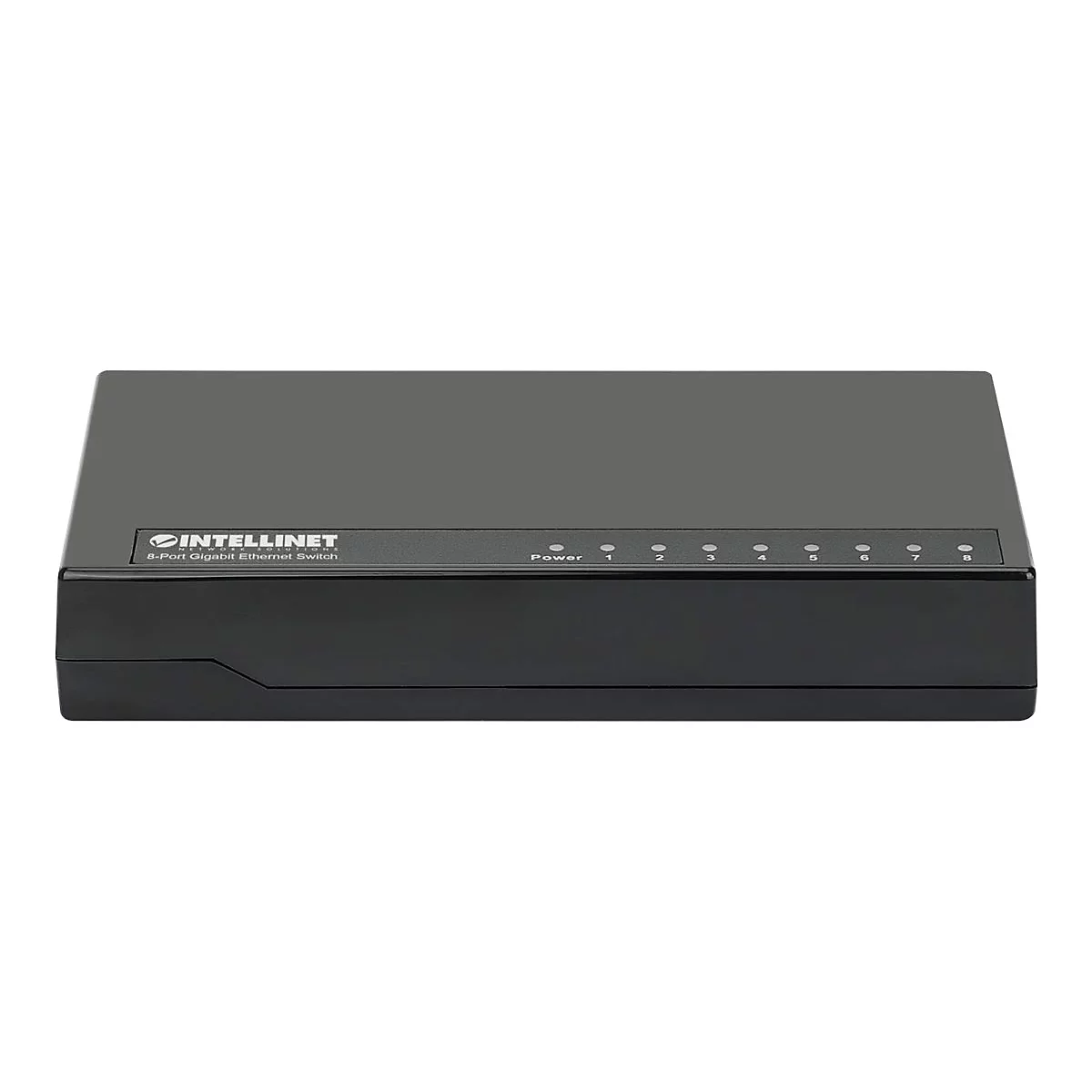 Schwarzer 8-Port Gigabit Ethernet Switch von Intellinet vor weißem Hintergrund.