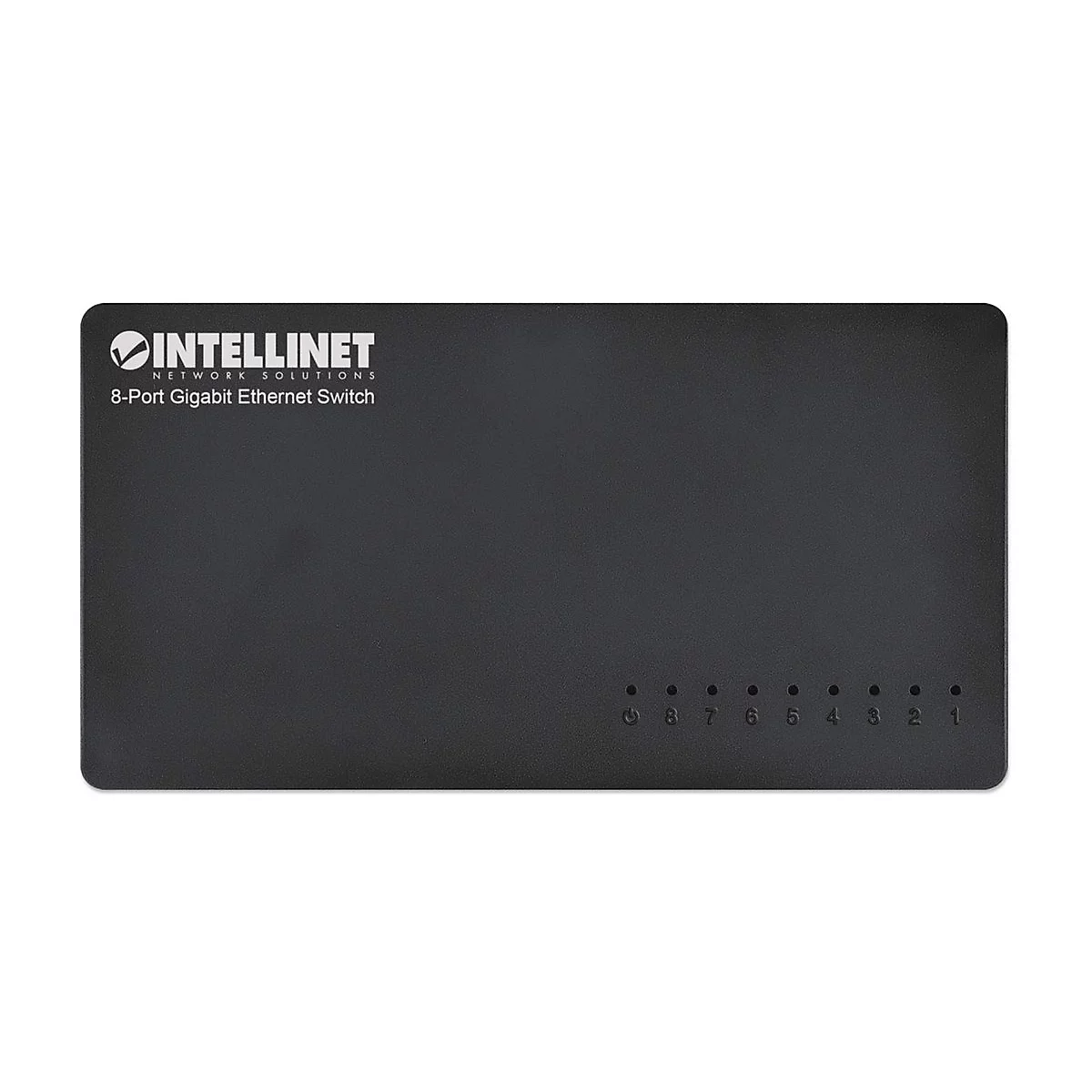 Schwarzer Intellinet 8-Port Gigabit Ethernet Switch von oben mit Status-LEDs und Logo.