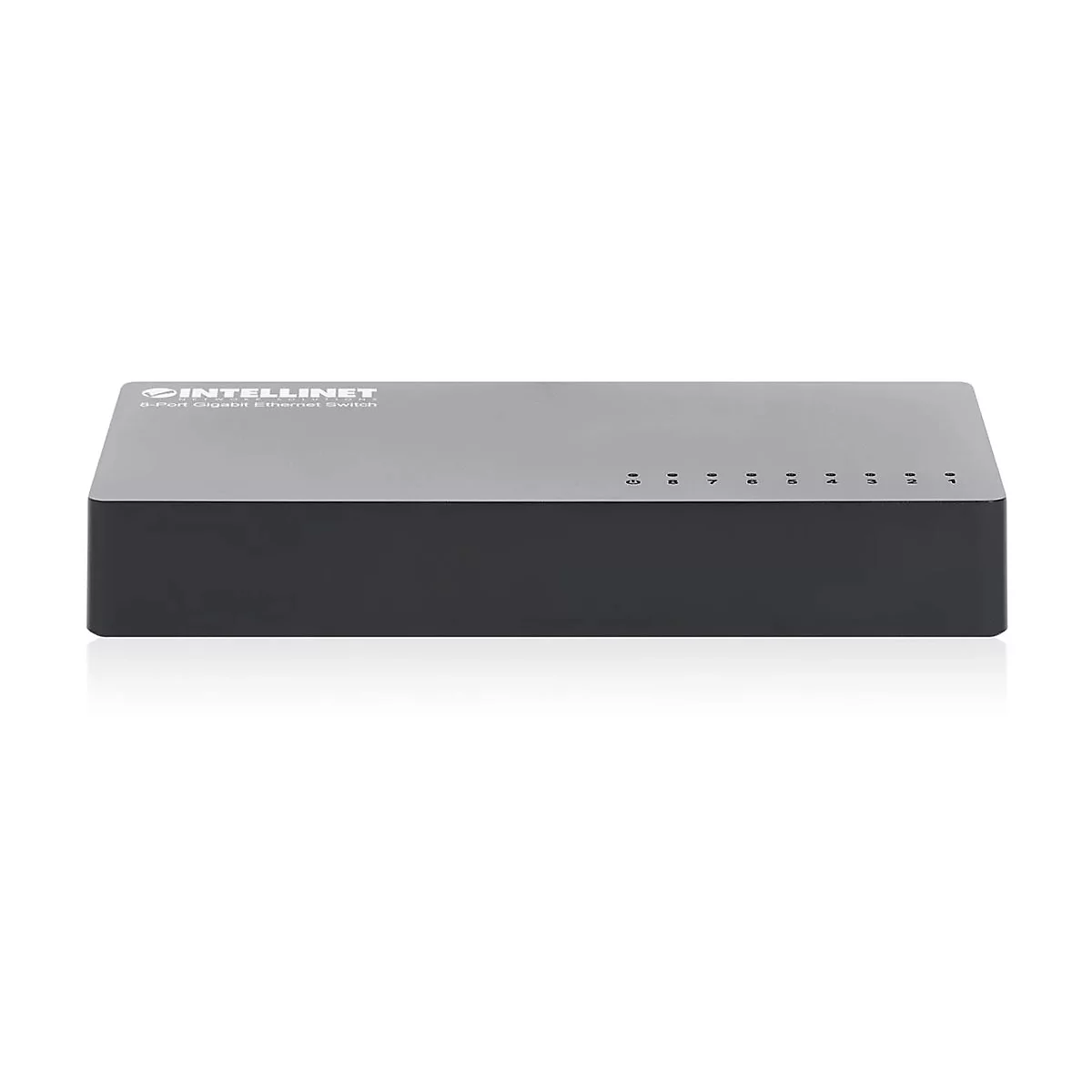 Schwarzer 8-Port Gigabit Ethernet Switch von Intellinet auf weißem Hintergrund.