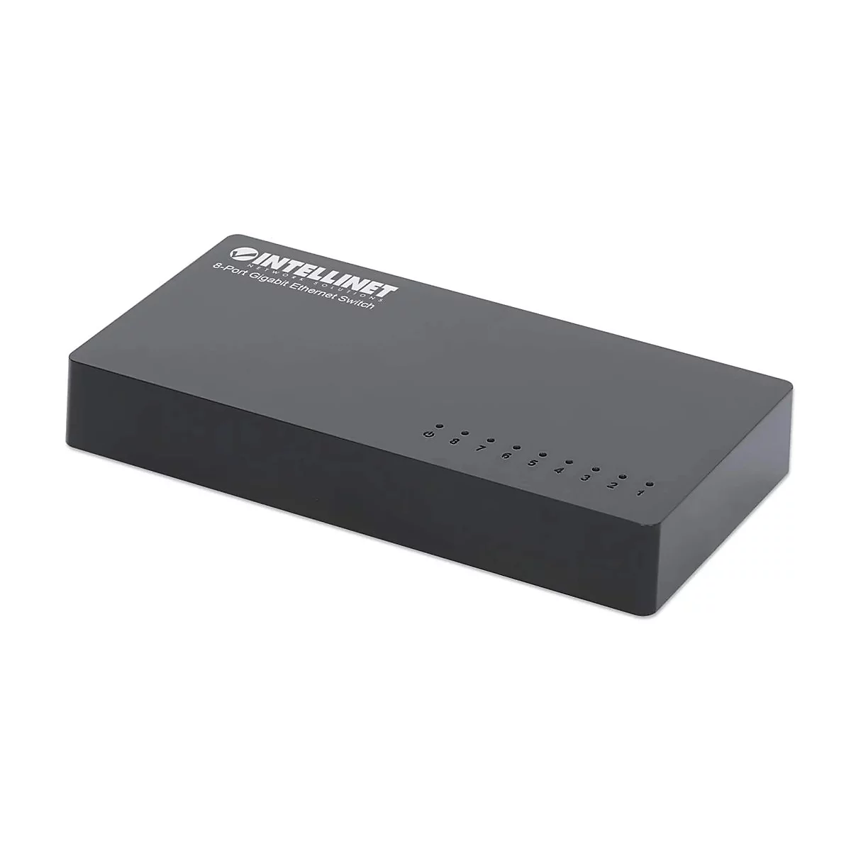 Schwarzer 8-Port Gigabit Ethernet Switch von Intellinet vor weißem Hintergrund.
