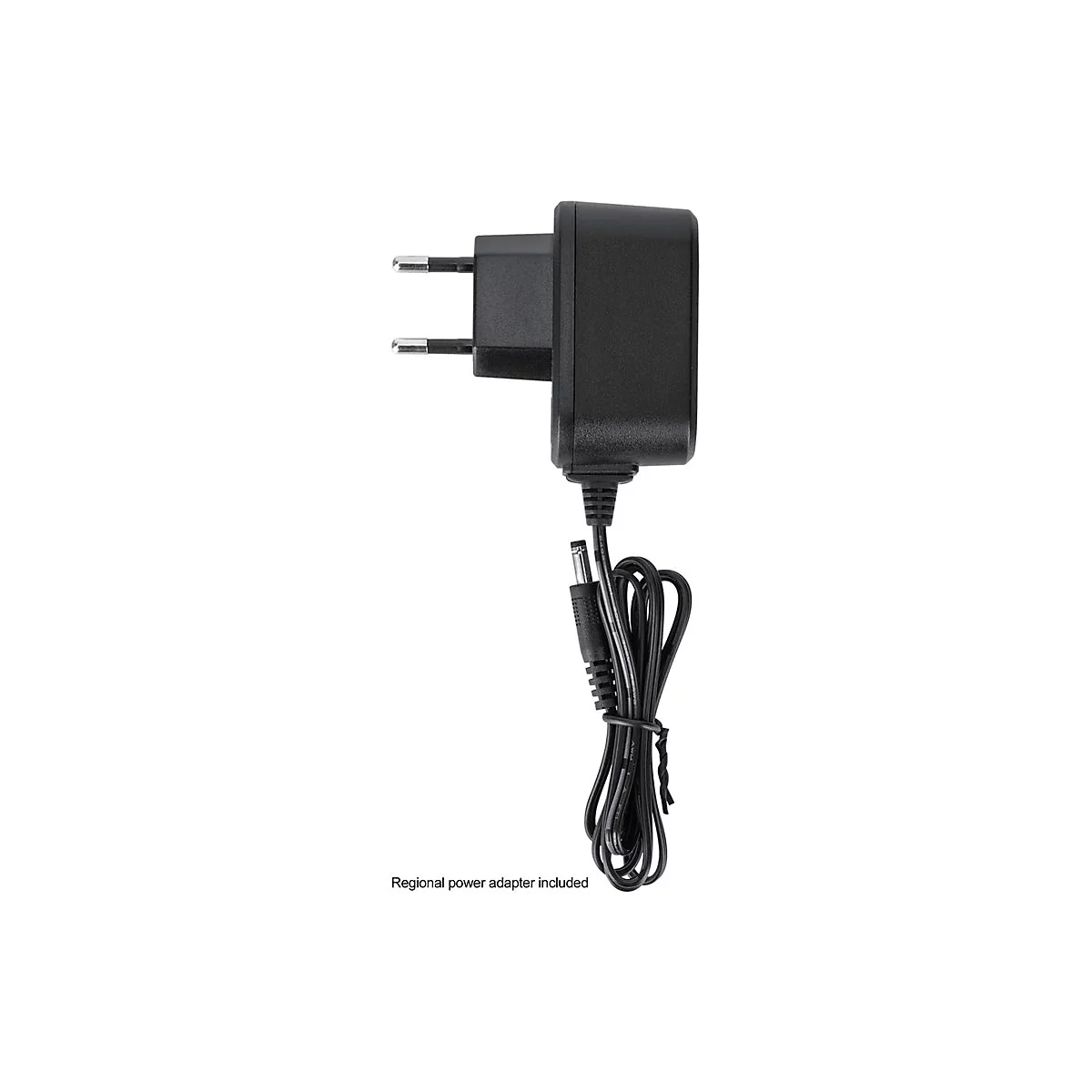 Schwarzes Steckernetzteil für europäische Steckdosen mit Kabel und Hohlstecker.