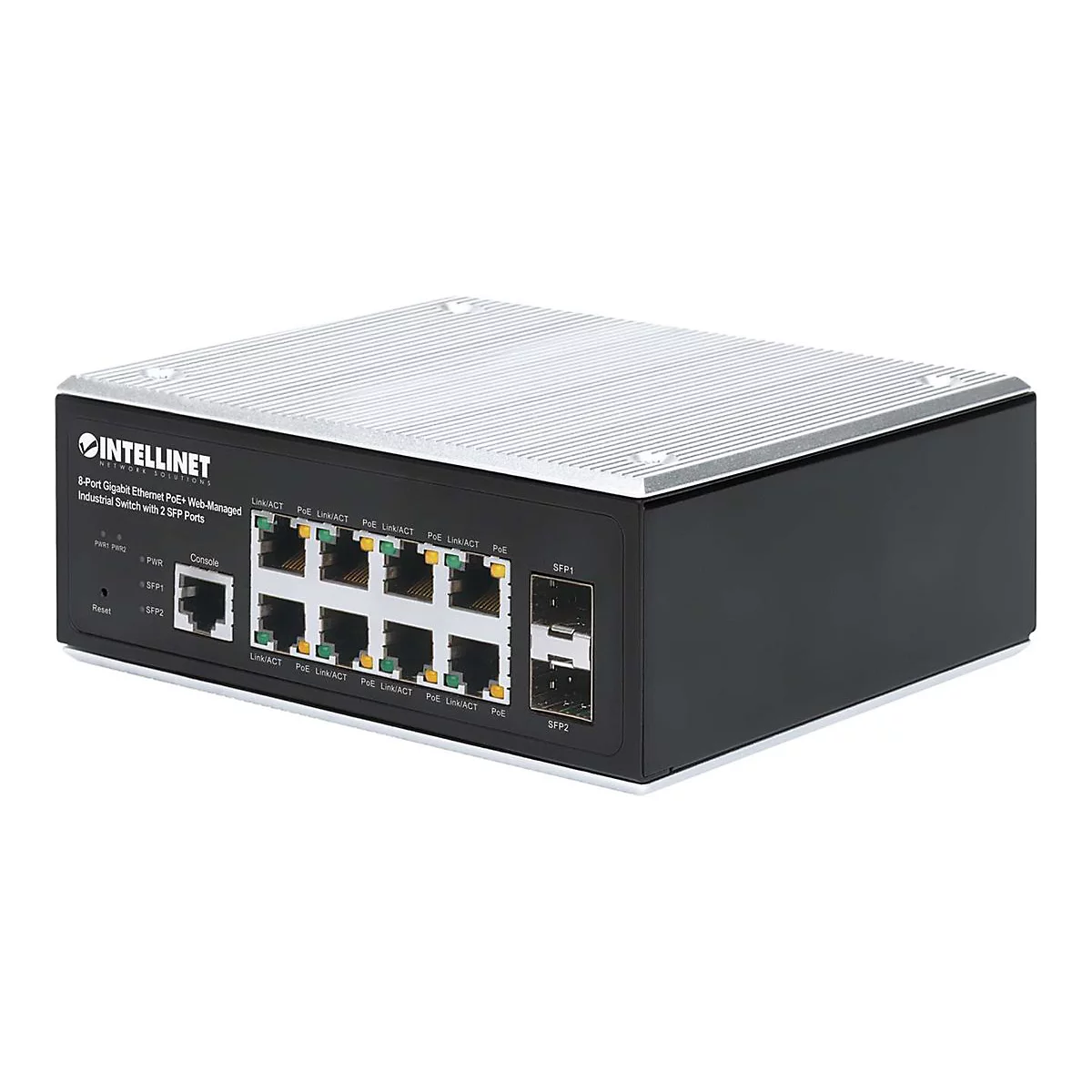 Schwarzer Intellinet Industrial-Switch mit acht PoE+-Gigabit-Ports und zwei SFP-Anschlüssen.