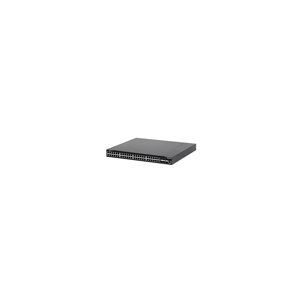 Schwarzer Netzwerk-Switch mit 48 LAN-Ports und zusätzlichen Uplink-Anschlüssen vor weißem Hintergrund.