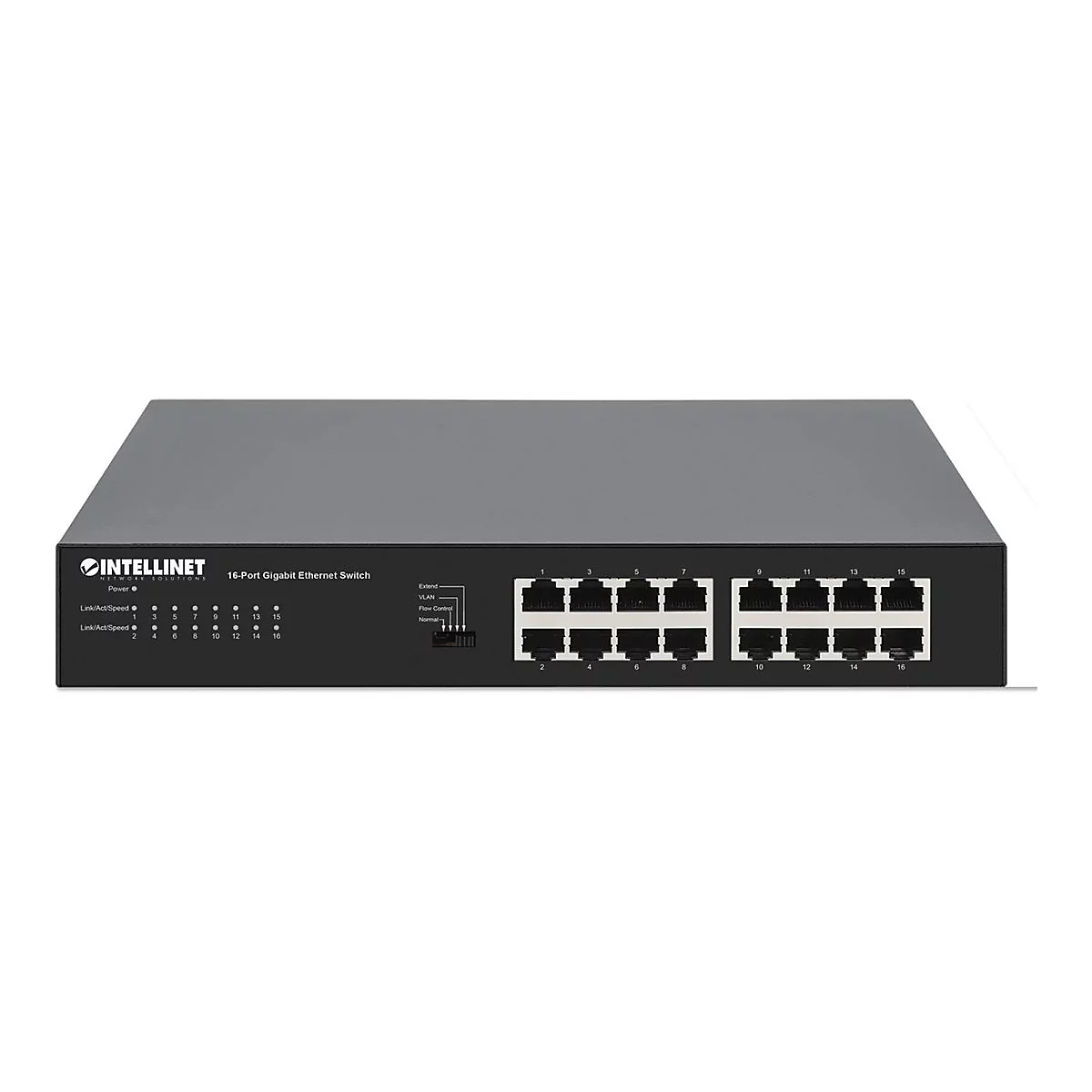Schwarzer 16-Port Gigabit Ethernet Switch von Intellinet mit LED-Anzeigen und Anschlüssen auf weißem Hintergrund.