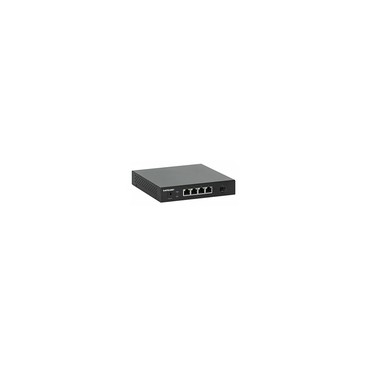 Schwarzer Intellinet Netzwerk-Switch mit vier LAN-Ports und einem SFP-Steckplatz auf weißem Hintergrund.