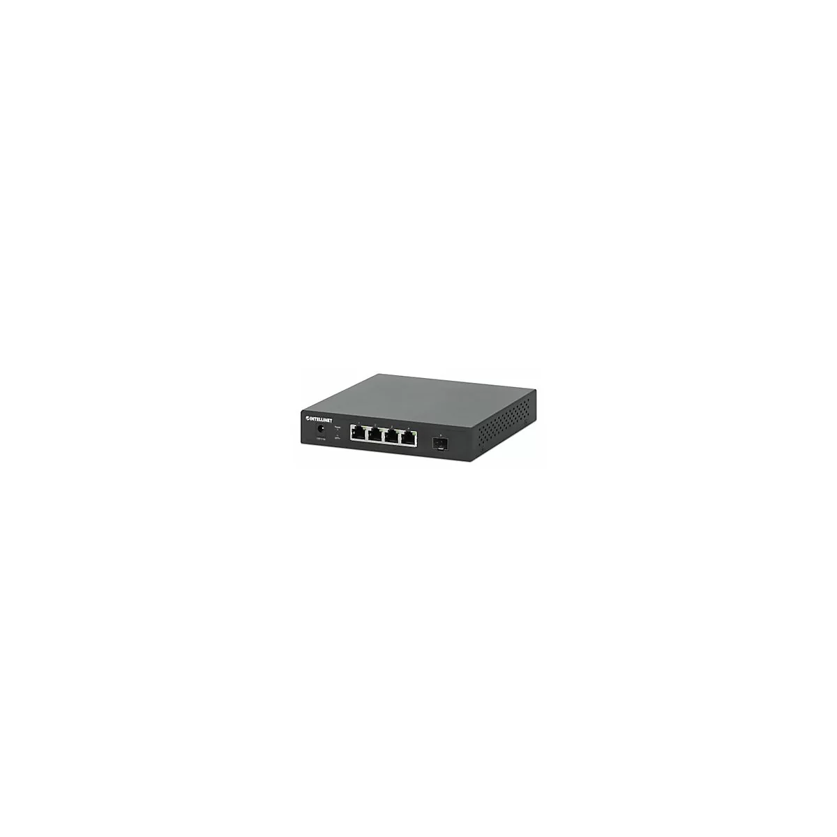 Schwarzer Intellinet Netzwerk-Switch mit vier LAN-Ports und einem SFP-Port vor weißem Hintergrund.