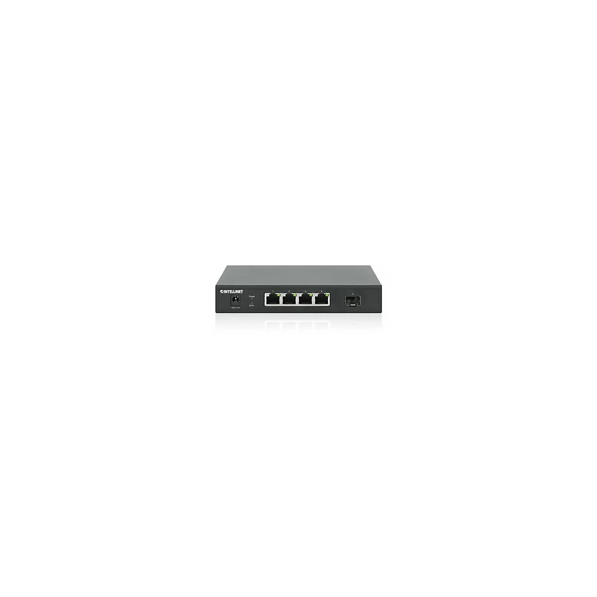 Schwarzer Intellinet Netzwerk-Switch mit vier RJ45-Ports und einem SFP-Slot vor weißem Hintergrund.