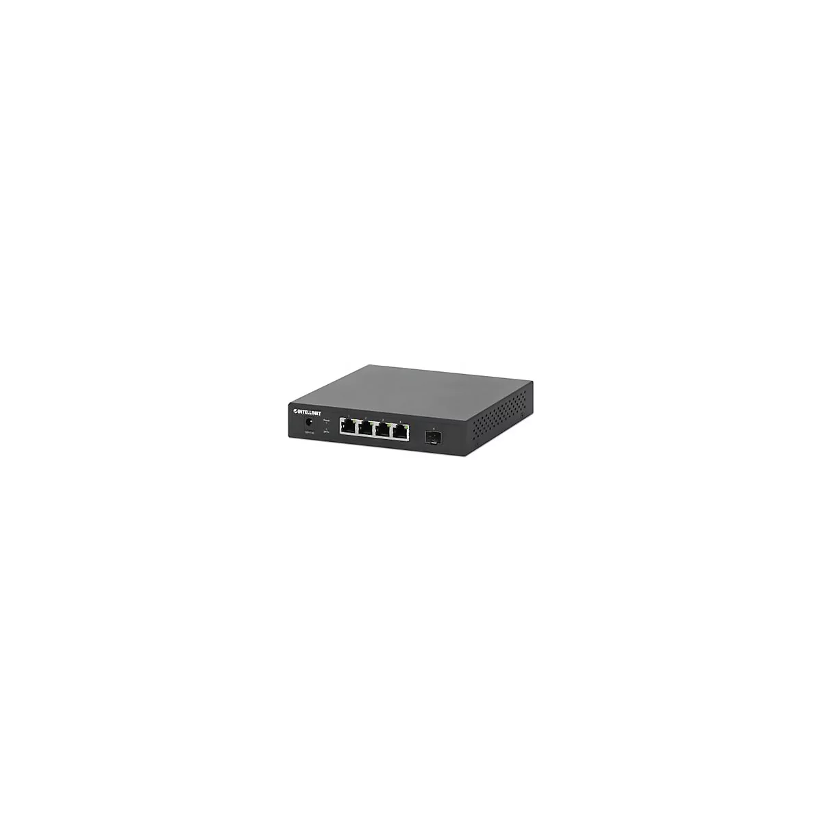 Schwarzer Intellinet Netzwerk-Switch mit vier Ethernet-Ports und einem SFP-Steckplatz auf weißem Hintergrund.