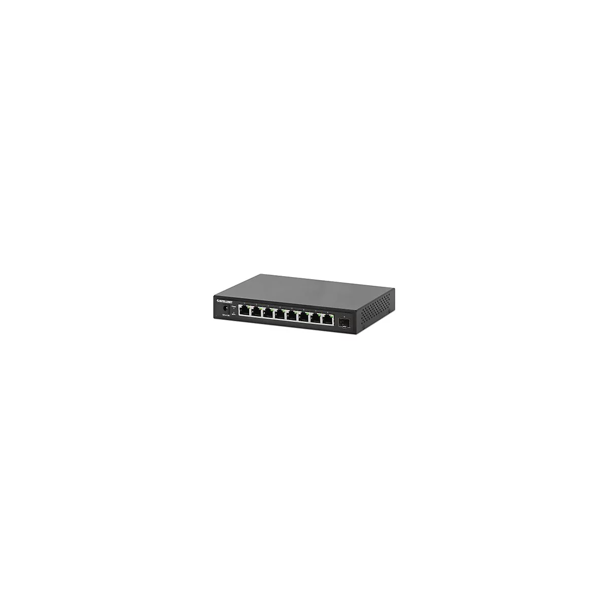 Schwarzer Intellinet Netzwerk-Switch mit acht Ethernet-Ports und einem SFP-Anschluss vor weißem Hintergrund.