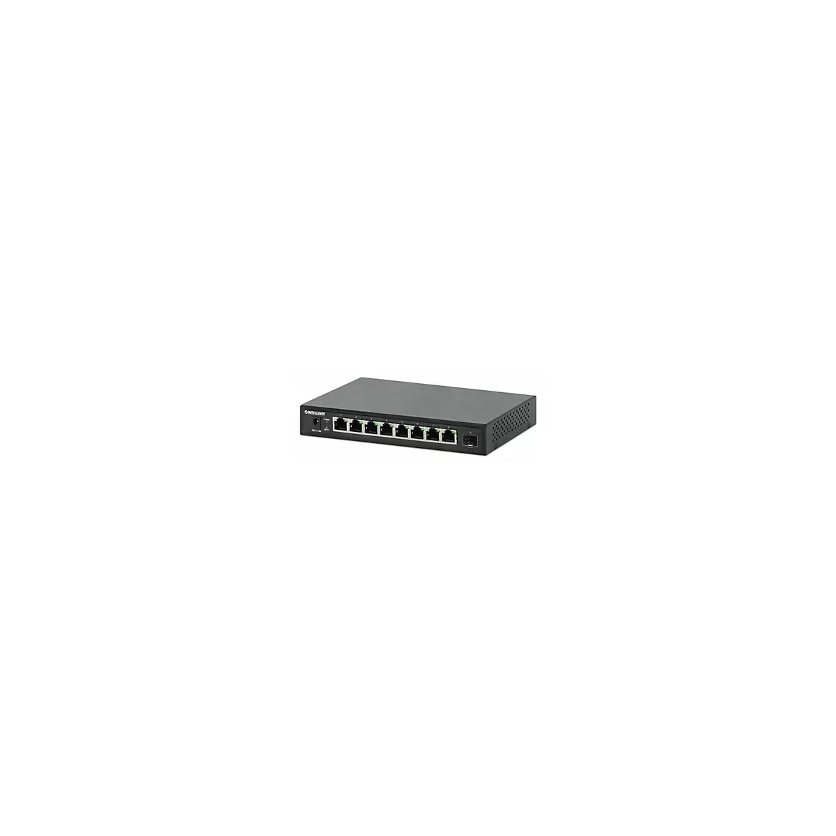 Schwarzer Intellinet Netzwerk-Switch mit acht Ethernet-Ports und einem SFP-Slot in einer kompakten Gehäuseform.