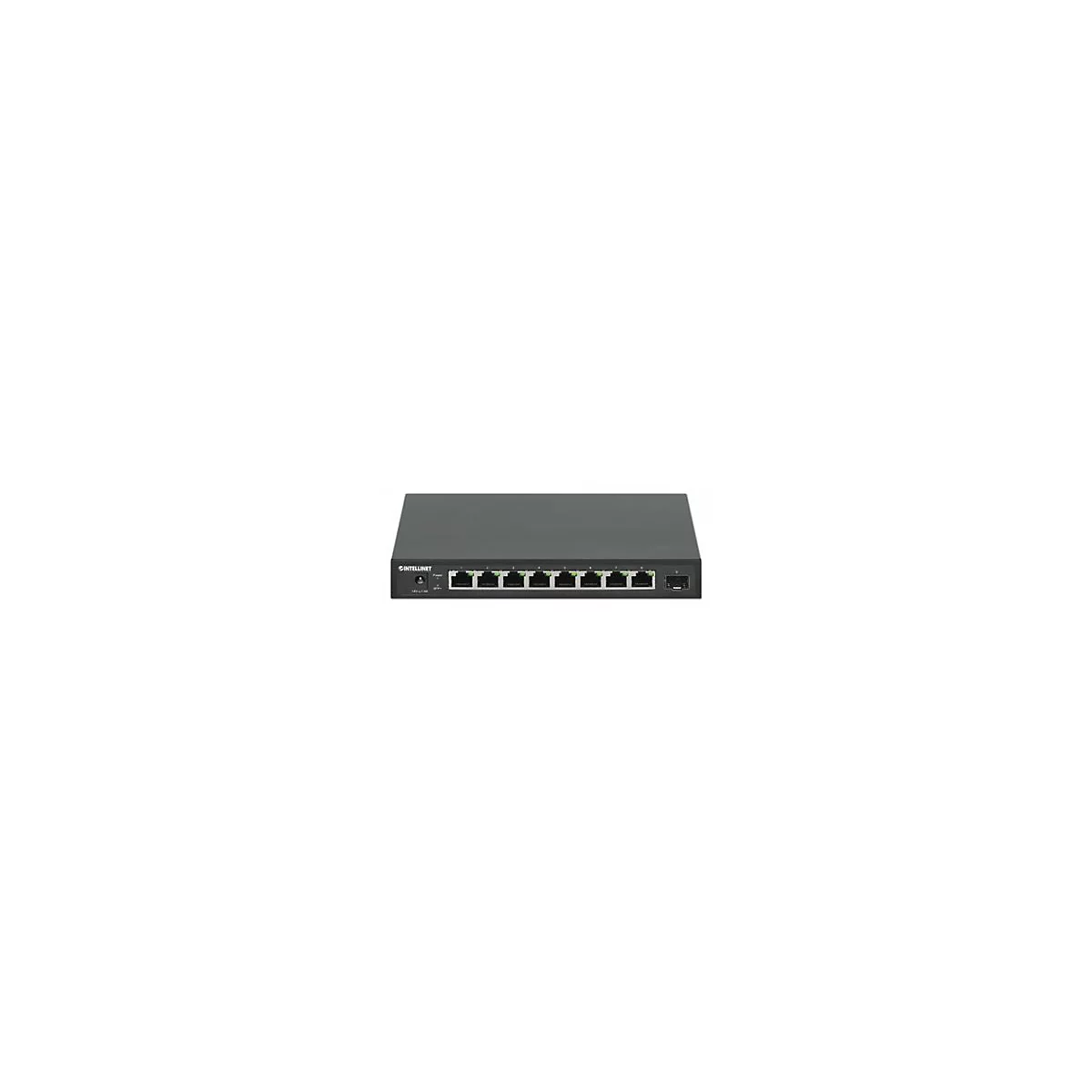 Schwarzer Intellinet Netzwerk-Switch mit acht Ethernet-Ports und einem SFP-Slot vor weißem Hintergrund.