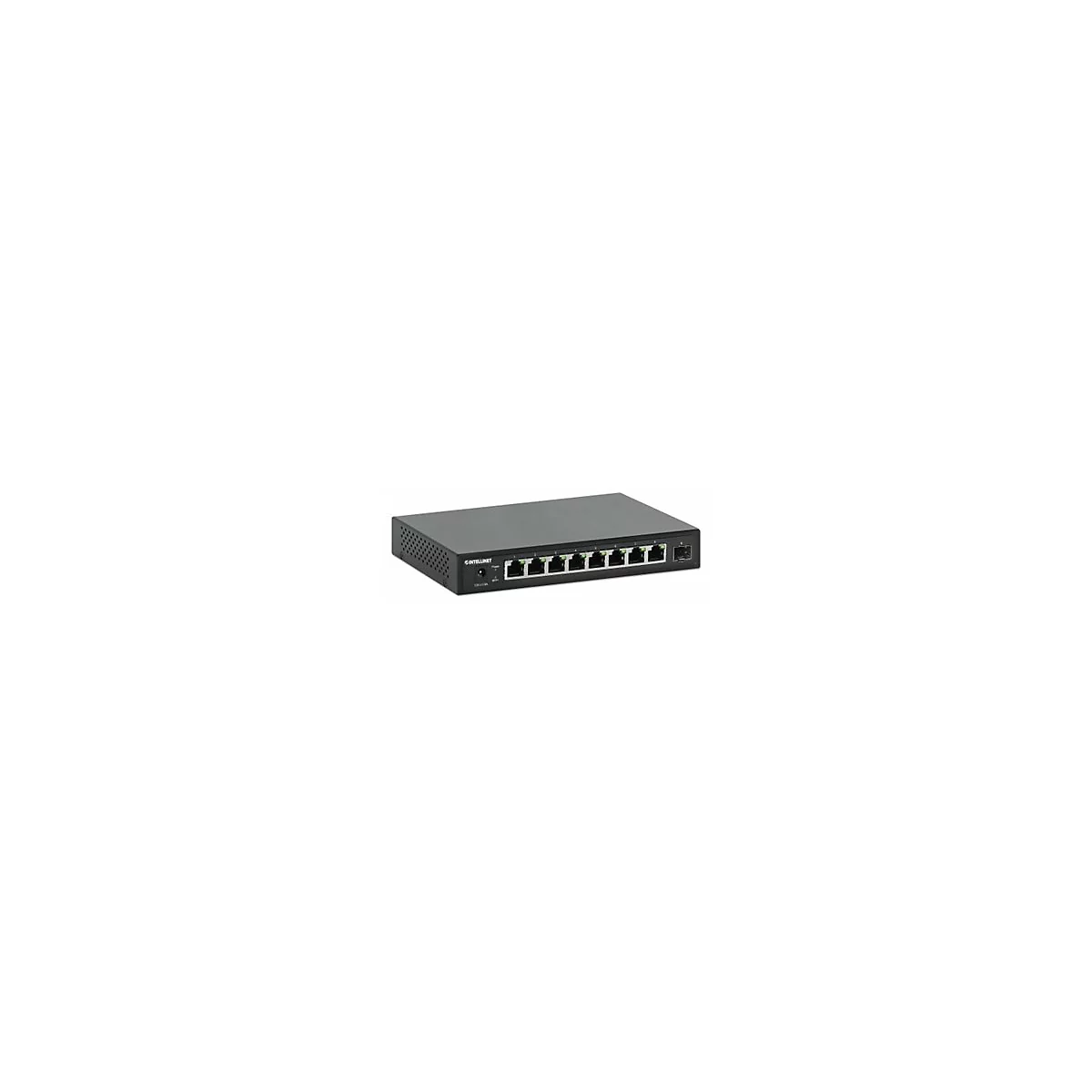Schwarzer Intellinet Netzwerk-Switch mit acht Ethernet-Ports vor neutralem, weißem Hintergrund.