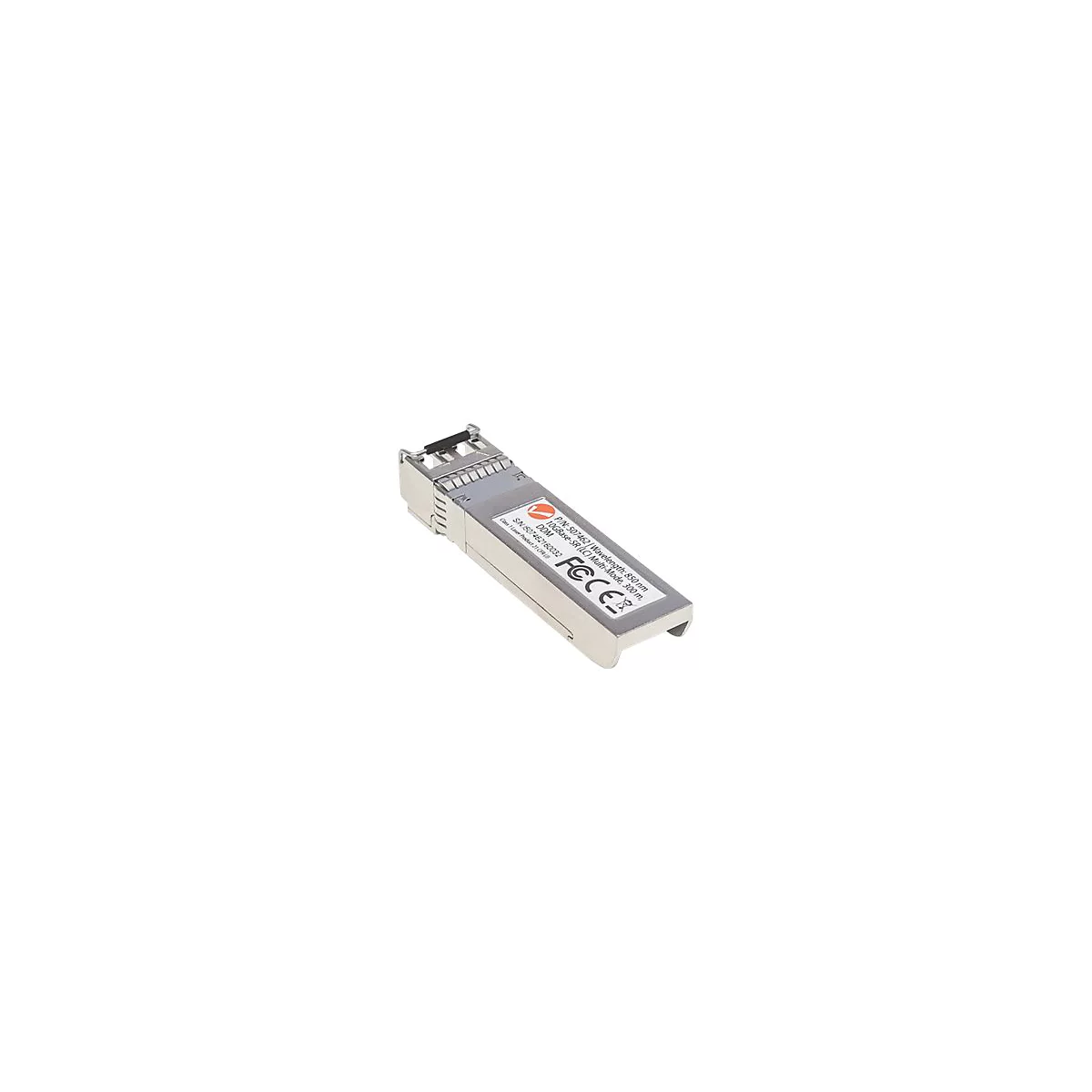 SFP+ Glasfaser-Transceiver in Metallausführung mit weißem Etikett und technischen Daten vor weißem Hintergrund.