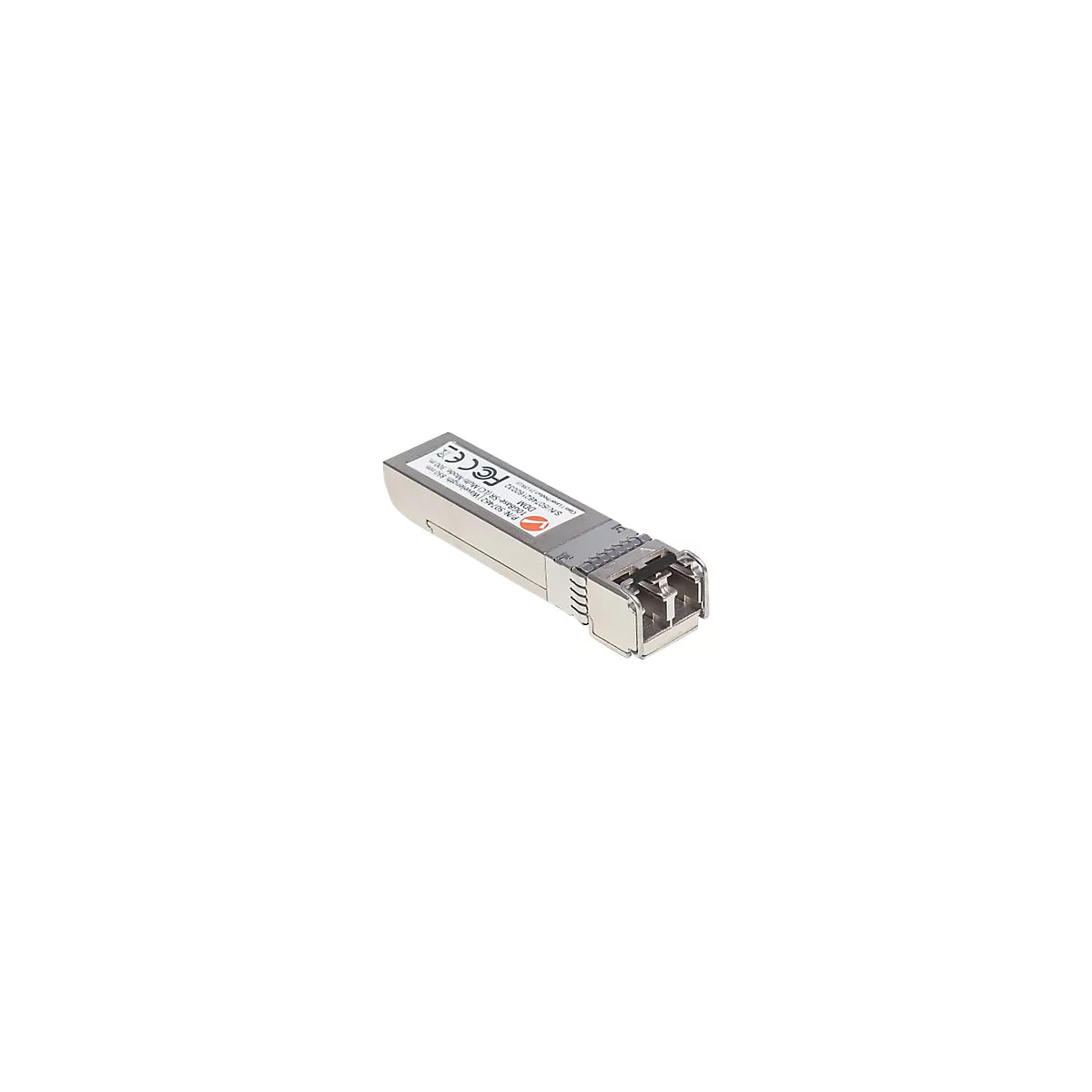 Silberfarbenes SFP-Plus Transceiver-Modul mit weißem Etikett und technischen Spezifikationen.