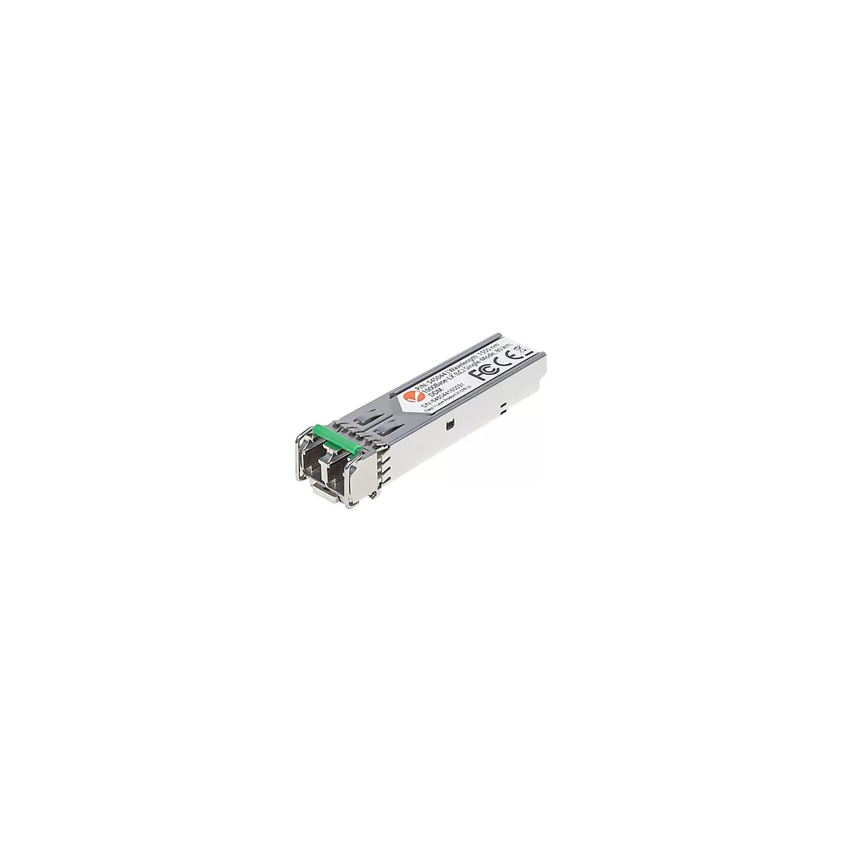 SFP-Modul mit silbernem Metallgehäuse und grünem Entriegelungshebel, Aufkleber mit technischen Details oben.