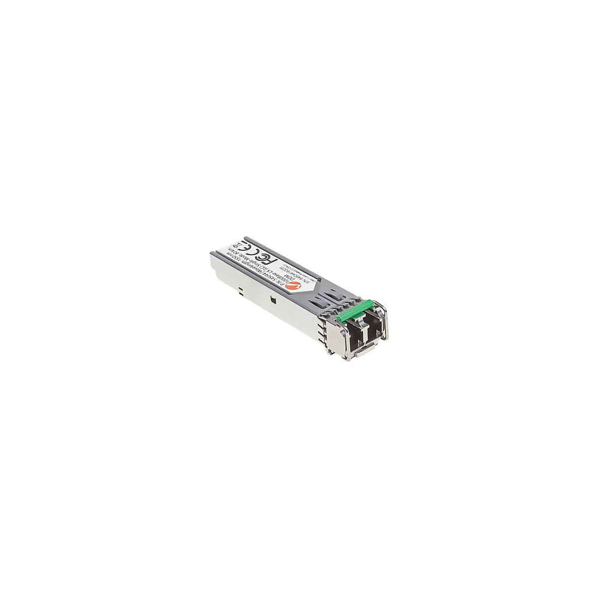 SFP-Glasfaser-Transceiver aus Metall mit grünem Entriegelungshebel und technischem Etikett auf weißem Grund.