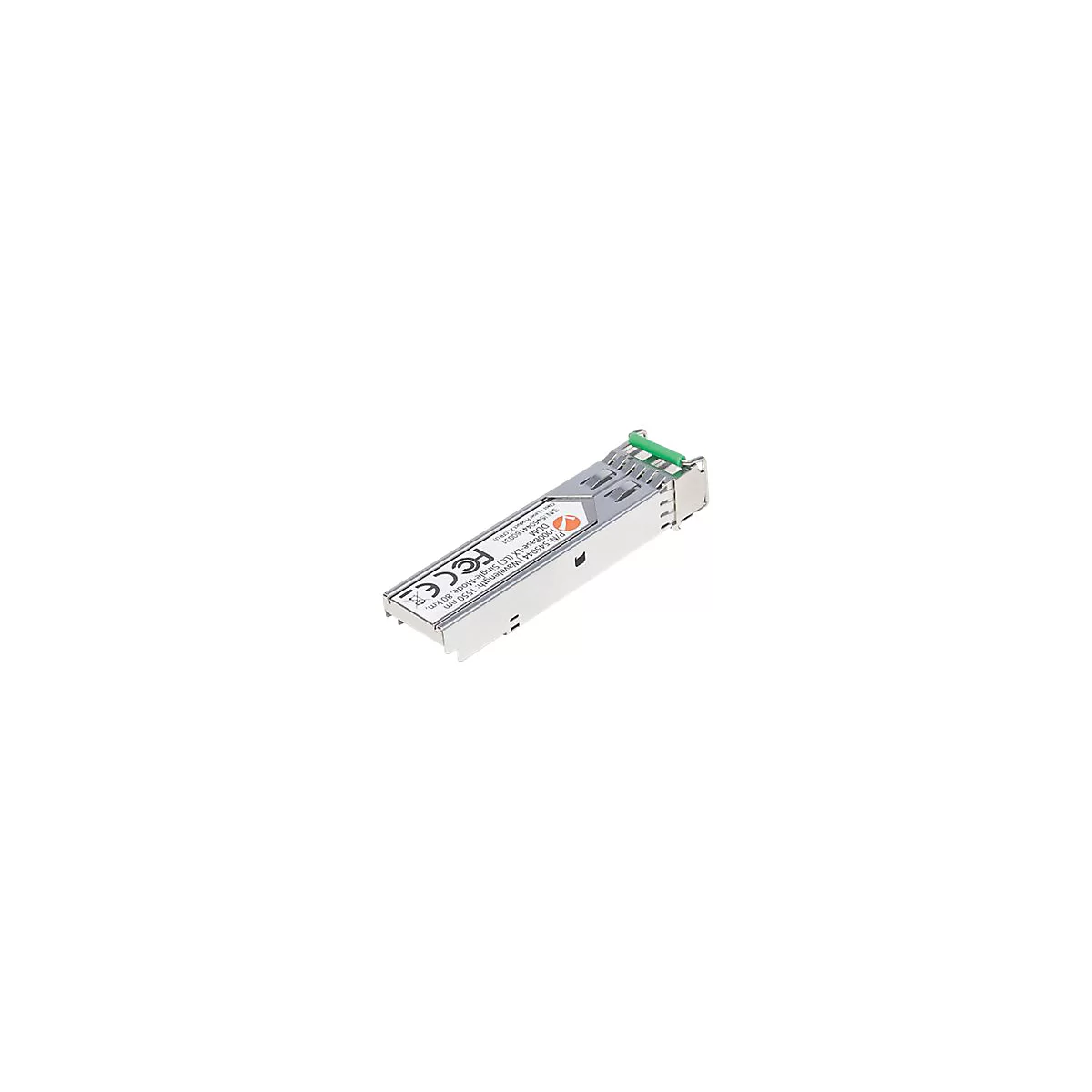 Ein silberner SFP-Transceiver mit grünem Bügel, Beschriftung und FCC-Logo vor weißem Hintergrund.