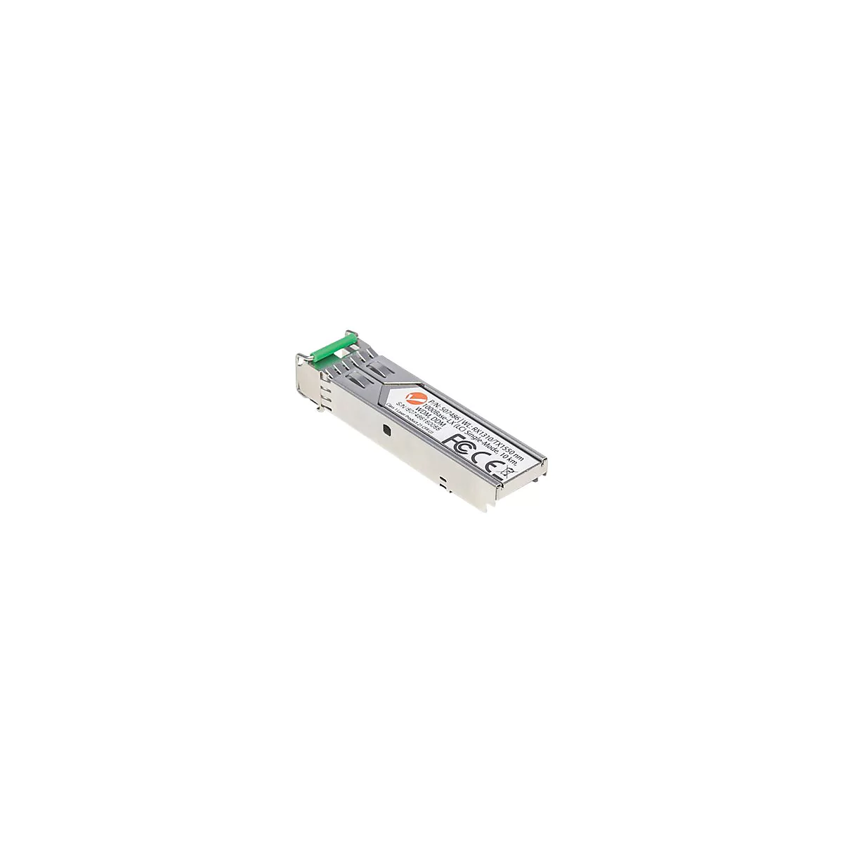 Ein metallischer SFP-Transceiver mit grünem Entriegelungshebel und einem Aufkleber mit technischen Daten.