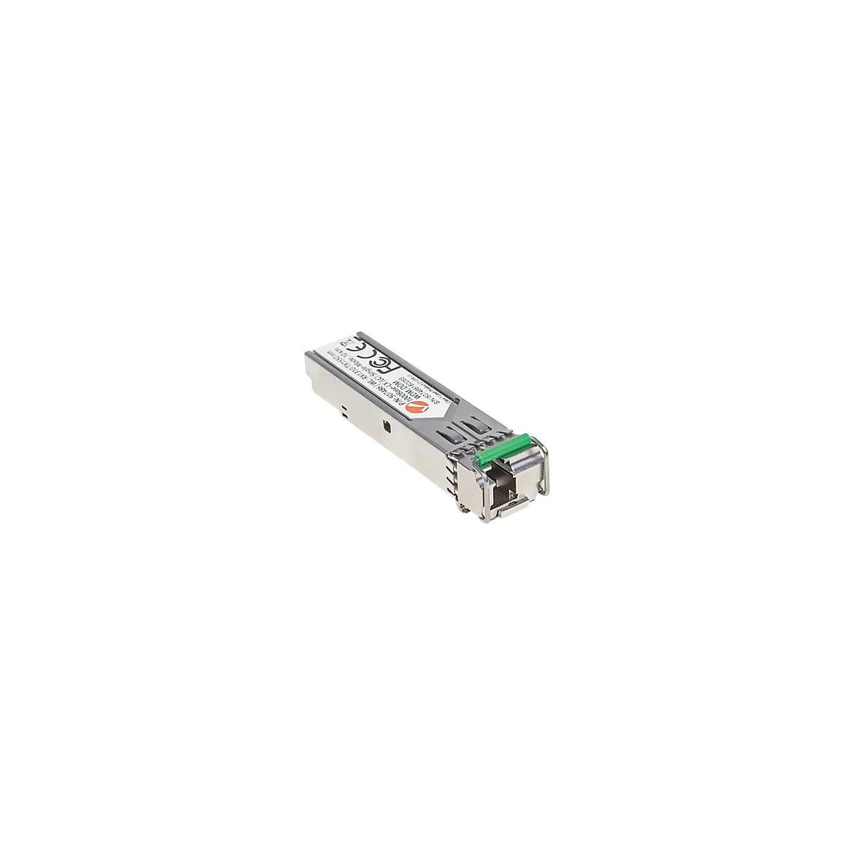 Ein metallisches SFP-Transceiver-Modul mit einem grünen Kunststoffhebel, beschriftet mit technischen Daten.