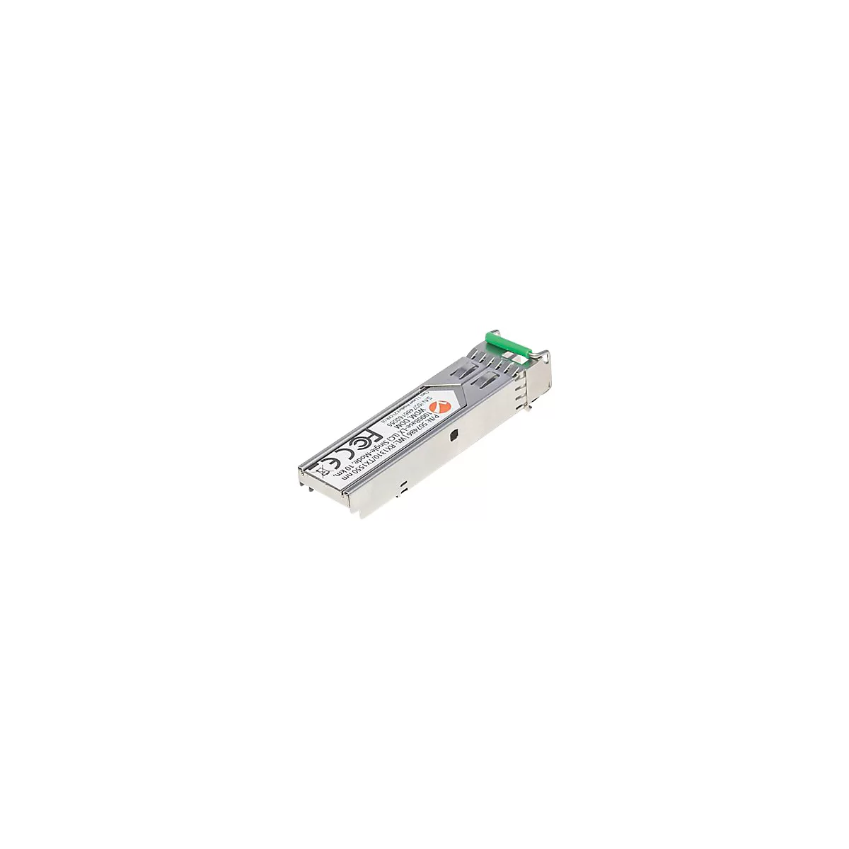 Silbernes SFP-Modul mit weißem Aufkleber, Produktbezeichnung 507486 und grünem Bügelgriff auf weißem Grund.