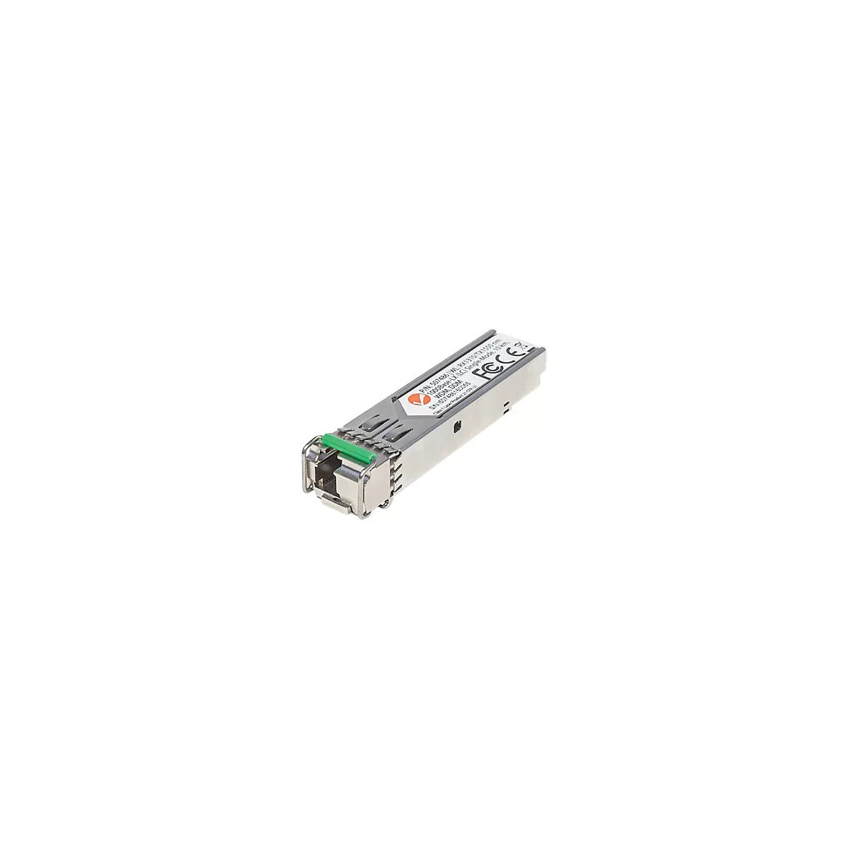 Silberner SFP-Transceiver mit grünem Verschlusshebel und weißem Etikett mit technischen Angaben.