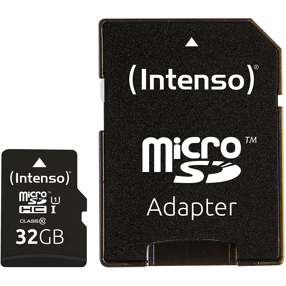 Un adaptateur de carte SD noir et une carte micro SD avec impression blanche. Les deux cartes portent l'inscription "(Intenso)" et "micro SD", ainsi que des informations sur la capacité de stockage.