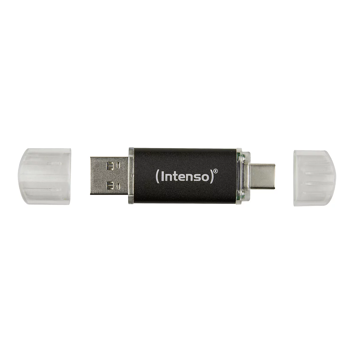 Clé USB avec un boîtier noir et la marque (Intenso). Les capuchons de protection sont retirés.