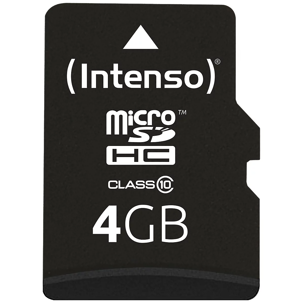 Carte mémoire microSDHC noire avec texte blanc. Le nom de la marque "Intenso" est en haut, en dessous "micro SDHC". En bas, "4GB" et "Class 10" sont indiqués.