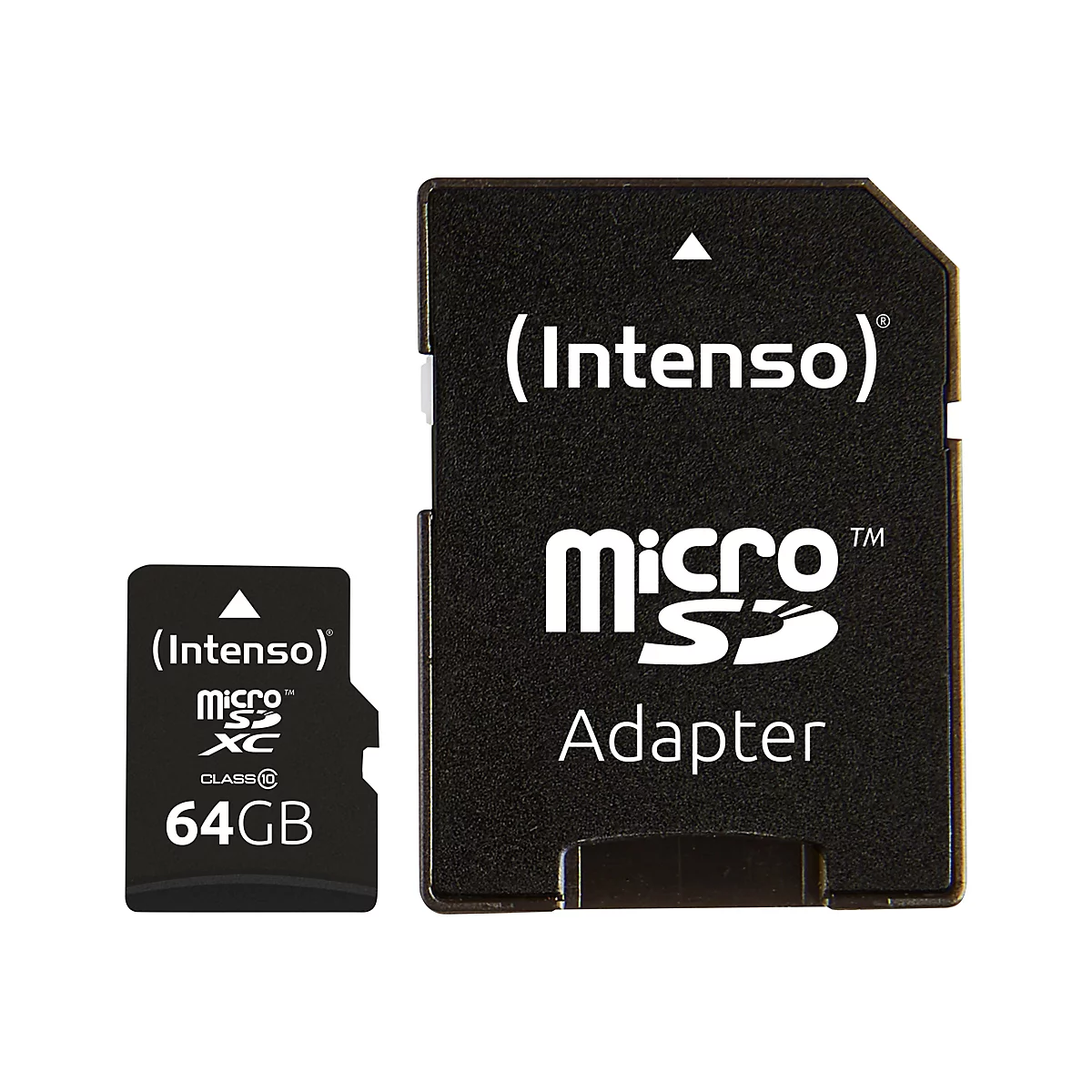 Une carte SD noire et un adaptateur sur fond blanc. La carte indique "(Intenso)", "Micro S", "64GB". L'adaptateur porte la mention "Micro S Adapter".