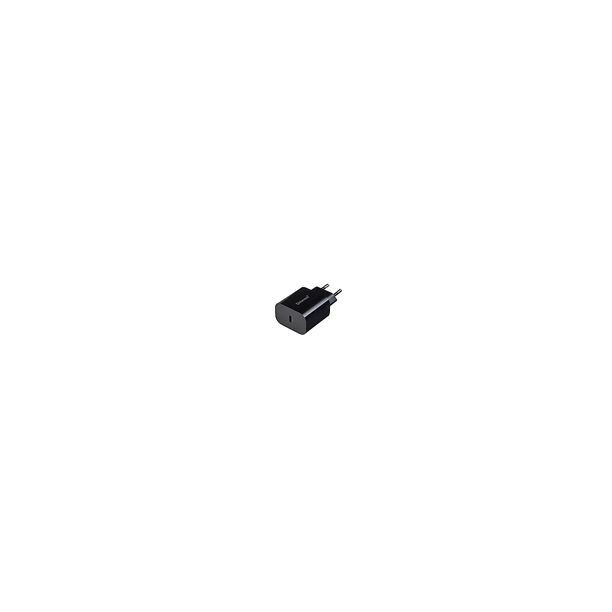 Schwarzes Ladegerät mit USB-C-Anschluss, Stecker, Schriftzug.