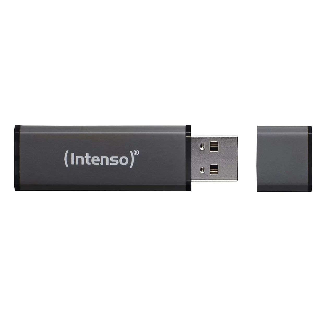 Clé USB gris foncé avec le texte (Intenso) imprimé dessus. A côté du bouchon.