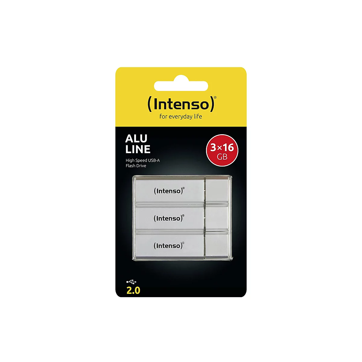 Emballage avec trois clés USB. Sur fond jaune, le logo Intenso, en dessous le label ALU LINE, 3x16 GB. USB 2.0.