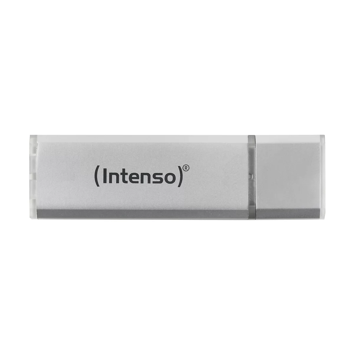 Clé USB argentée avec l'inscription "(Intenso)" sur fond blanc.