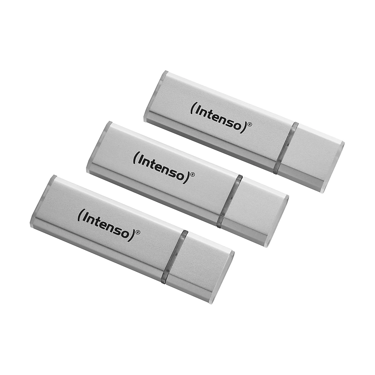 Drei silberne USB-Sticks mit dem Aufdruck (Intenso)® vor weißem Hintergrund.