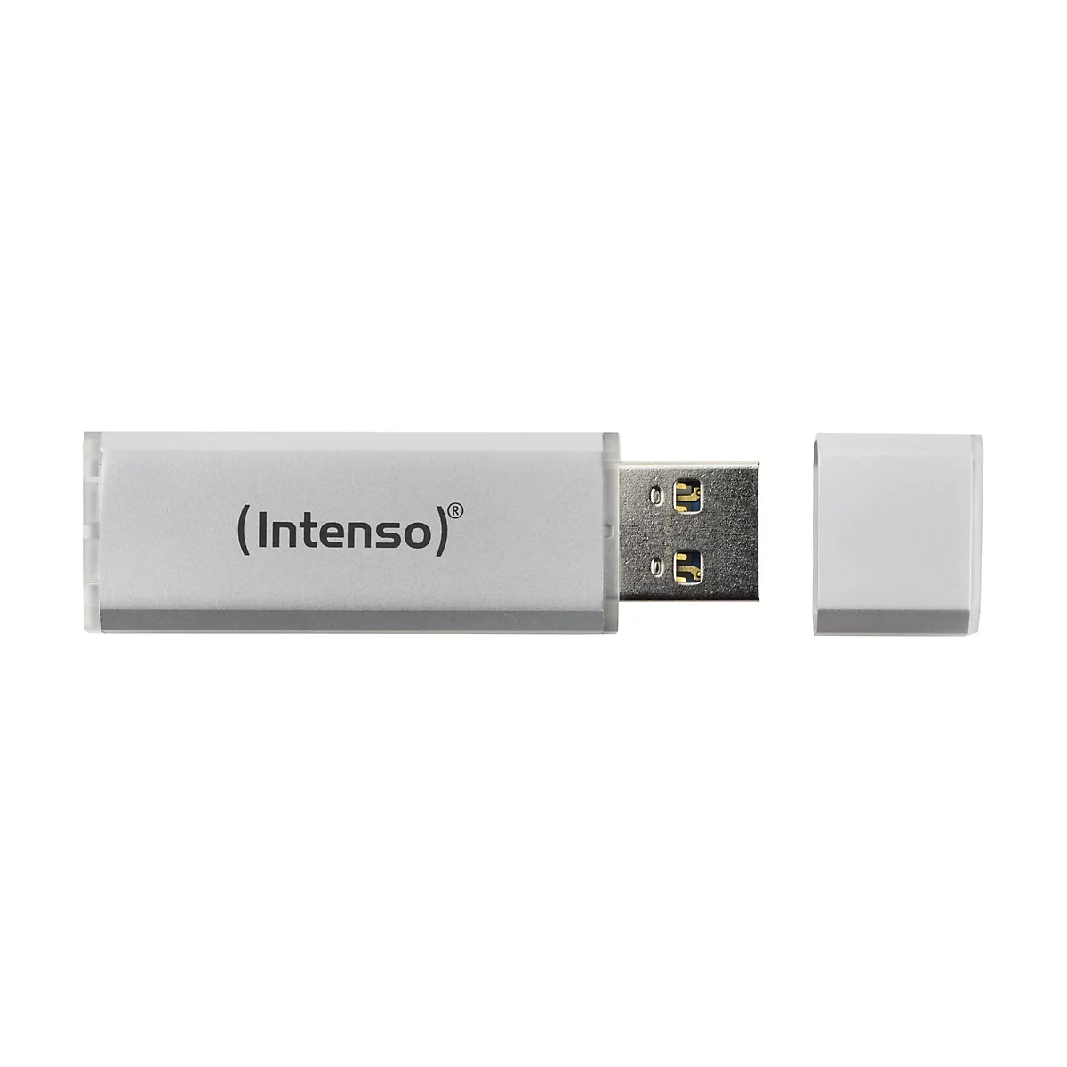 Ein grauer USB-Stick mit abgenommenem Verschluss, rechts daneben. Auf dem Stick steht '(Intenso)®'.