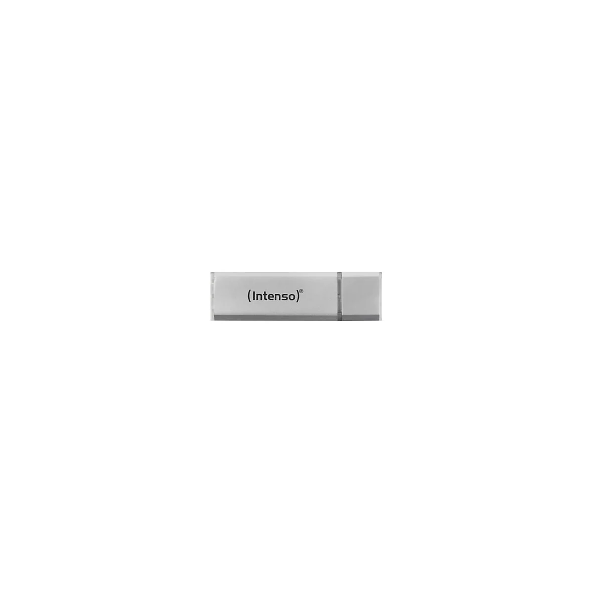 Ein silberfarbener USB-Stick von Intenso. Auf dem Stick steht in schwarzer Schrift "(Intenso)®".
