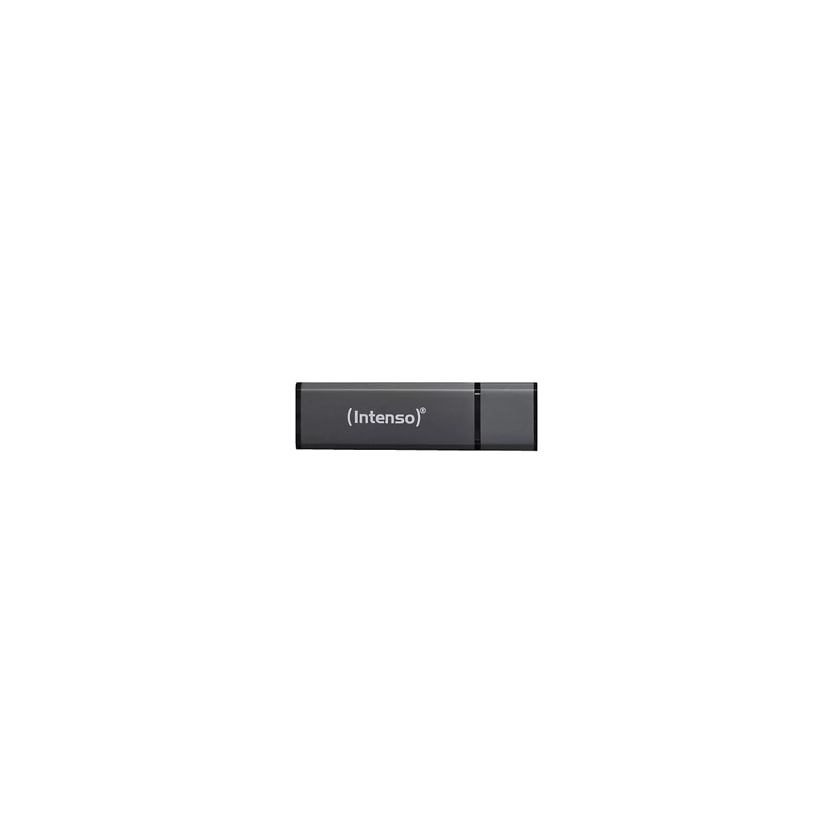 Grauer USB-Stick mit (Intenso)-Schriftzug. Der Stick ist rechteckig und hat eine dunkle Einfassung.