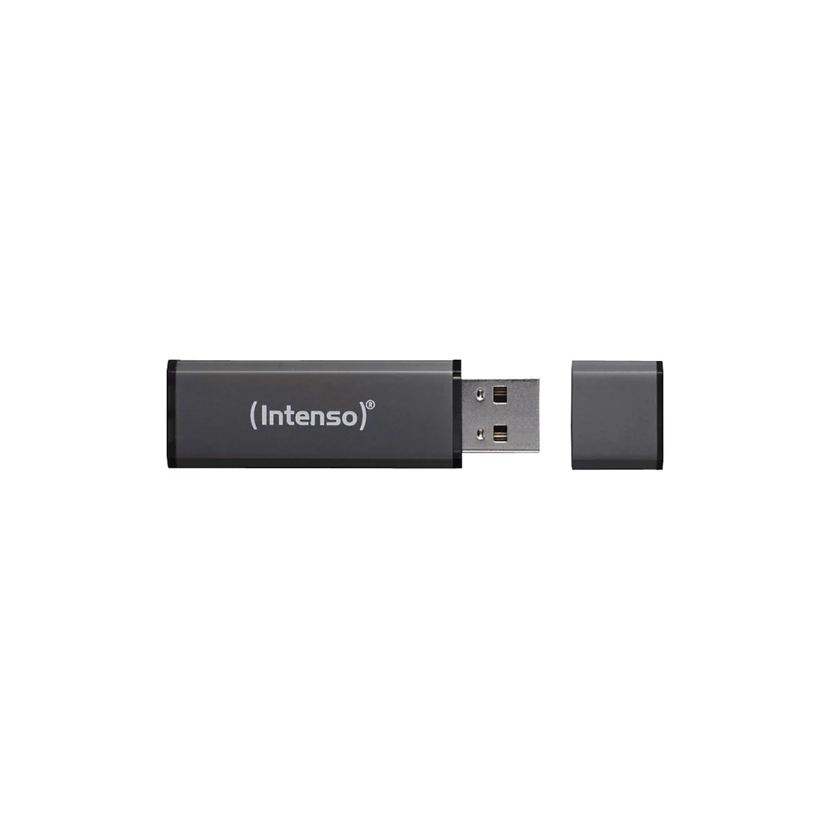Grauer USB-Stick mit aufgesteckter Kappe. Auf dem Stick steht "(Intenso)".