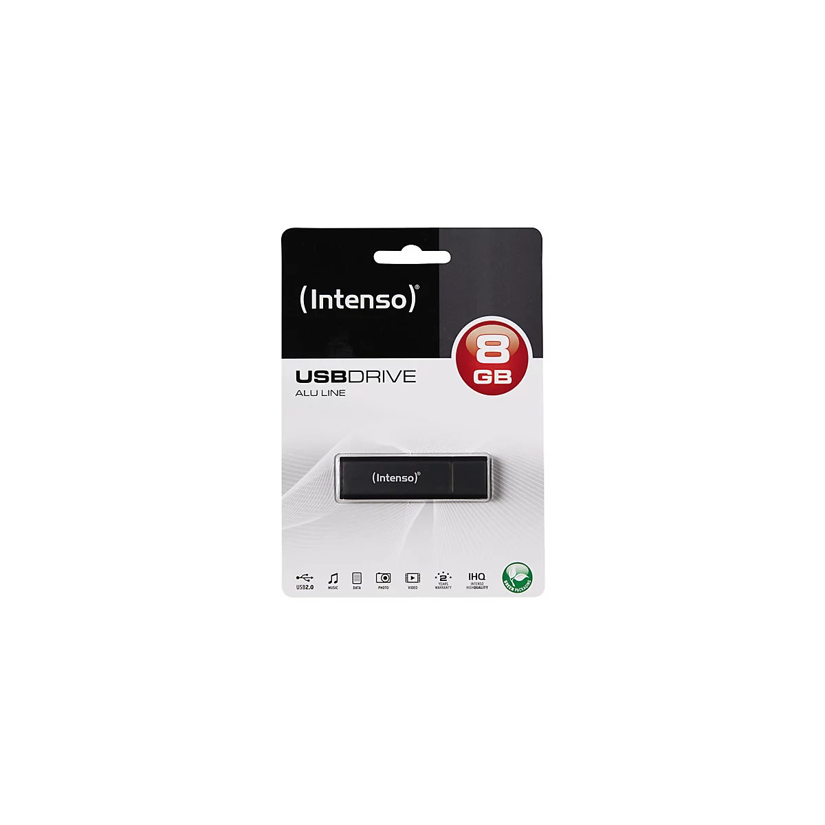 USB-Stick von Intenso auf Verpackung. Schwarzer Stick, silbernes GehÃ¤use, 8 GB.