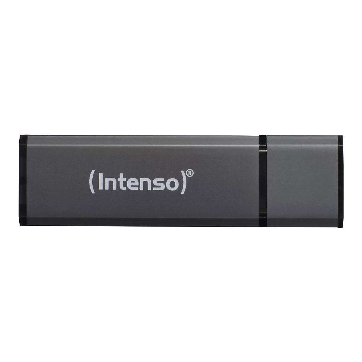 Dunkelgrauer USB-Stick mit dem Schriftzug (Intenso) in WeiÃŸ.