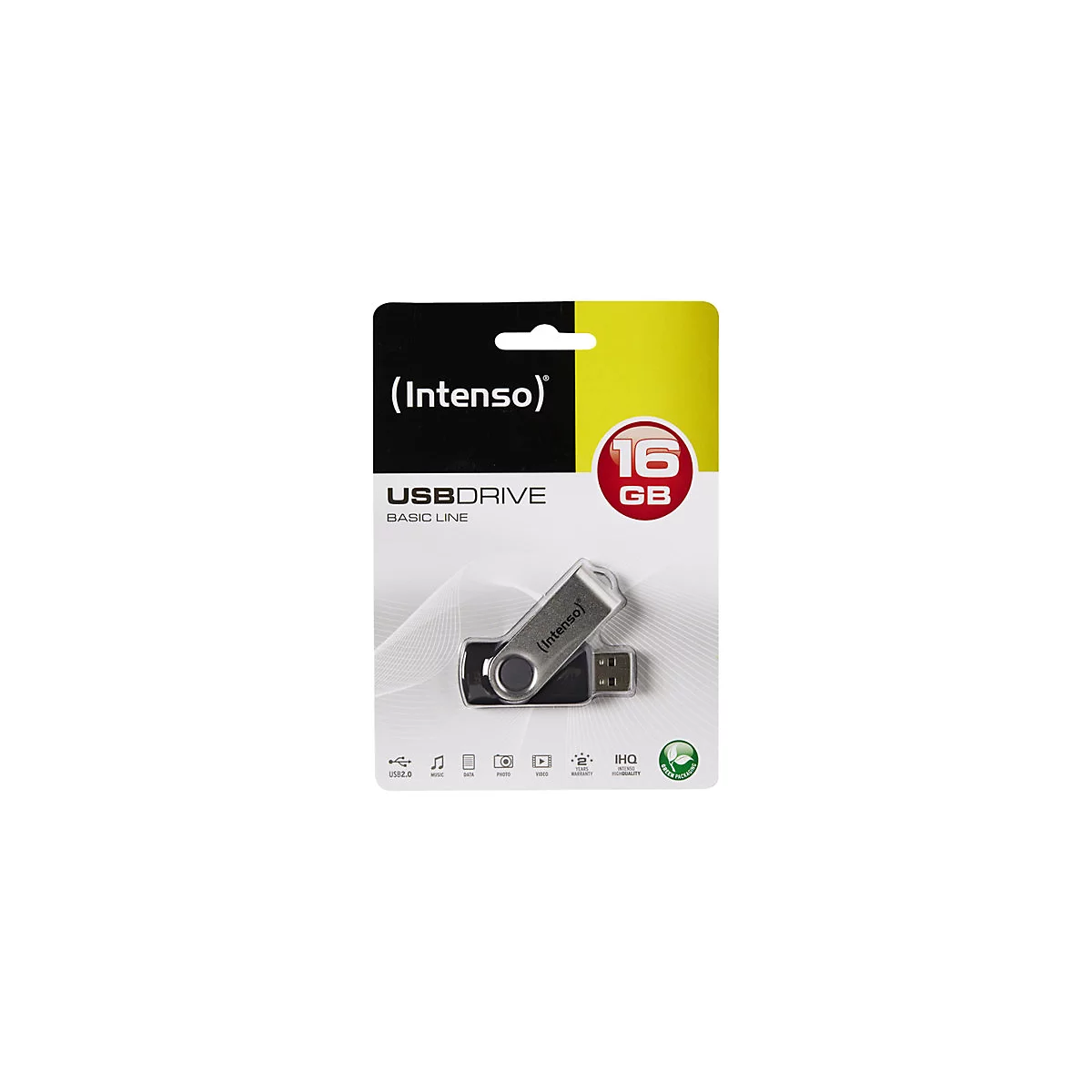 Eine USB-Festplatte von Intenso, 16 GB, auf einer Verpackung mit gelben und schwarzen Details.
