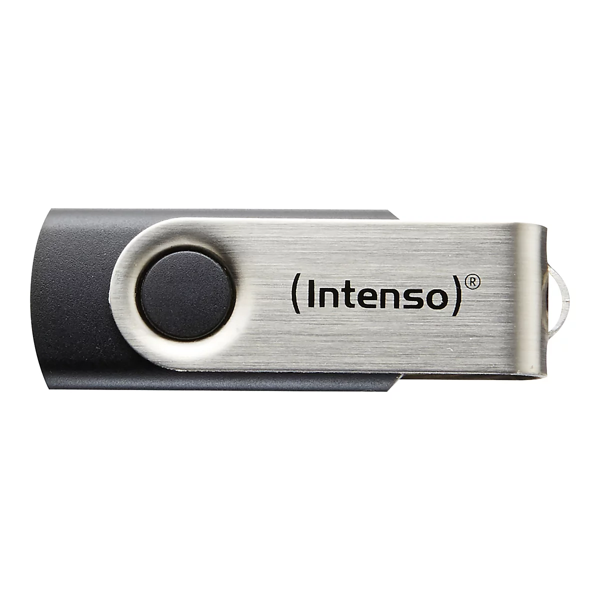 Intenso USB-Stick mit schwarzem Kunststoffgehäuse und schwenkbarem, gebürstetem Metallbügel.