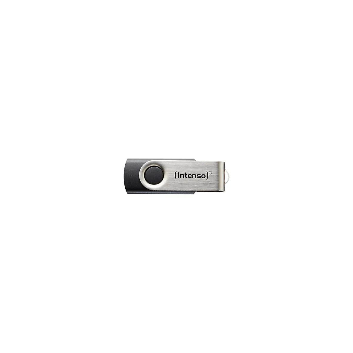 Schwarzer Intenso USB-Stick mit schwenkbarem silbernem Metallbügel vor weißem Hintergrund.