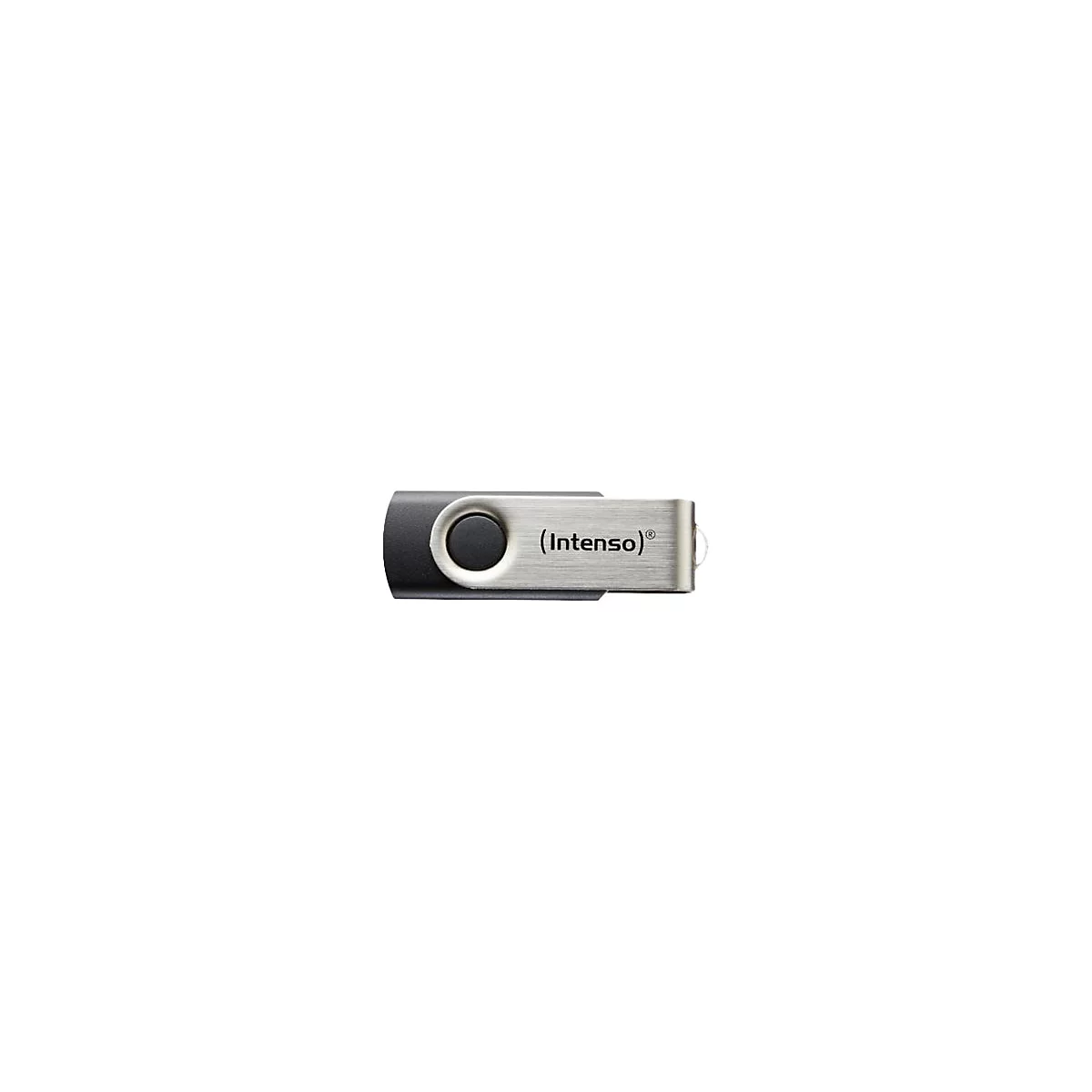 Intenso USB-Stick mit silberner Metall-Drehkappe und schwarzem Gehäuse.