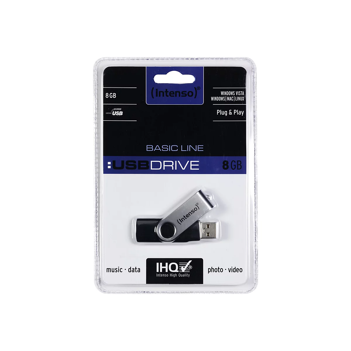 USB-Stick in Verpackung, Marke Intenso, 8 GB. Schwarzer und silberner Stick, transparente Verpackung.