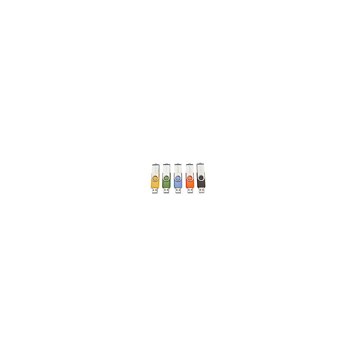 Fünf farbige USB-Sticks mit dem Intenso-Logo, nebeneinander auf weißem Hintergrund.