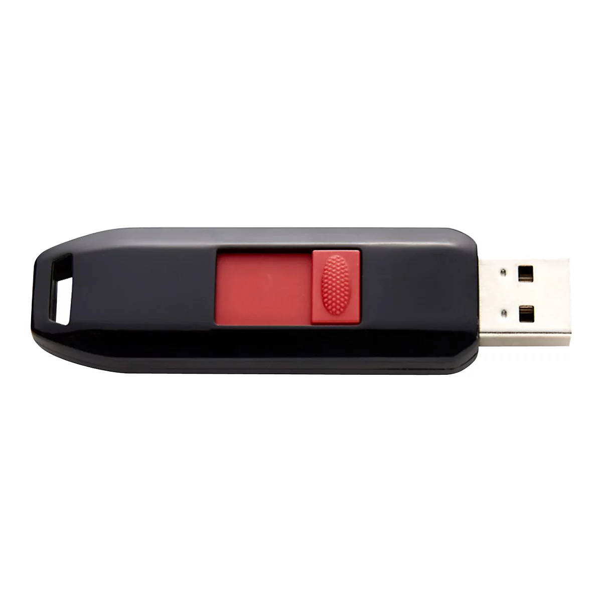 Schwarzer USB-Stick mit einem roten Schiebemechanismus vor weißem Hintergrund.